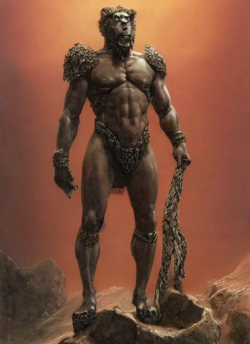 Image similar to hercules in lion ornamented armor, wearing cape, beksinski, hercules concept art, weta workshop concept art