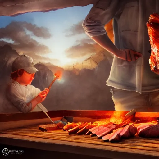 Prompt: asado argentino, highly detailed digital matte painting, smoked meat inside the barbacue, award painting, volumetric ligth, trending on artstation, 4 k,