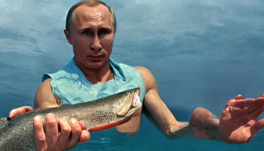 Image similar to 7 0 s movie still of putin in speedo, catching a salmon with his hands, focus on face. cinestill 8 0 0 t _ 3 5 mm eastmancolor, heavy grain, high quality, high detail