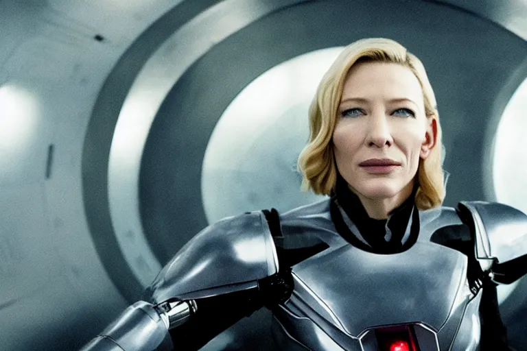 Prompt: cate blanchett on the bridge of a starship,cyborg arm, retro, movie still