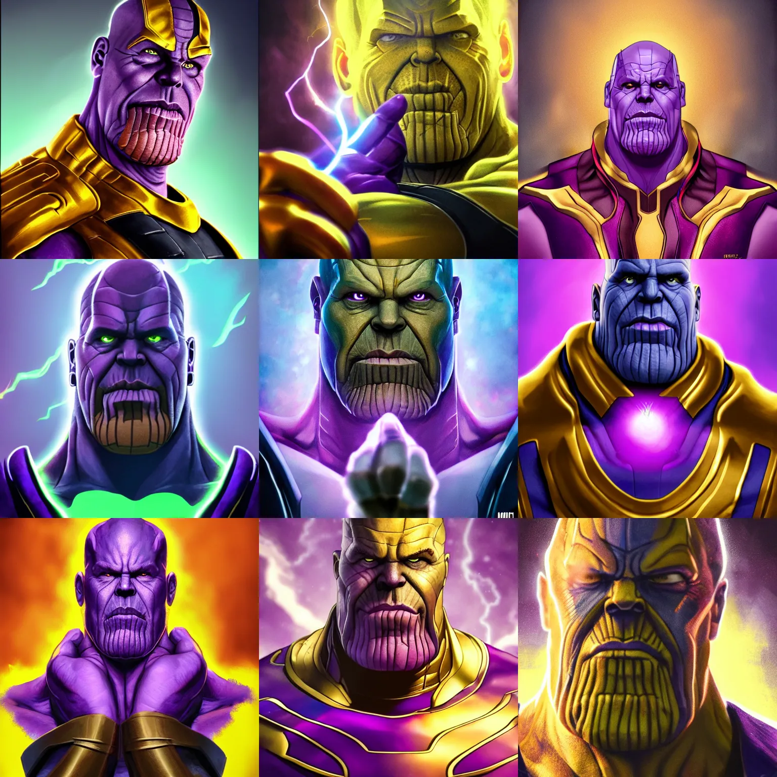 Prompt: a portrait of thanos, his infinity gauntlet is powered by marijuana, thanos is suprised by the gauntlet's power, dramatic lighting and composition, trending on artstation, concept art, comic book
