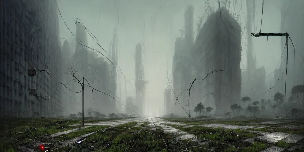 Prompt: ruins of a modern city, daytime, overgrown, cracked roads with weeds, misty, giant concrete tower in the distance, ultra high definition, ultra detailed, symmetry, sci - fi, dark fantasy, by greg rutkowski and ross tran