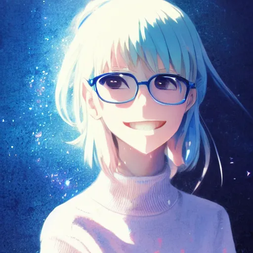 Prompt: anime cute girl in blue sweater white white pale hair black glasses blushing smiling kind standing psychedelic background by greg rutkowski makoto shinkai kyoto animation key art feminine mid shot wlop madhouse, ufotable, comixwave films, trending on artstation