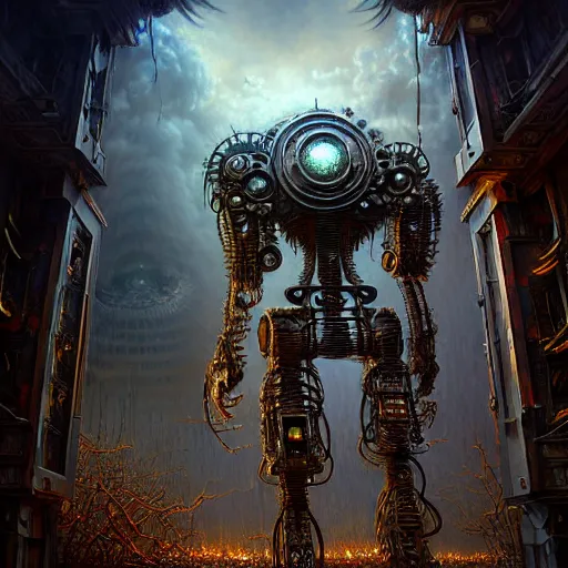 Image similar to A photorealistic 3d render of a robot monster cyborg made of circuits wide view shot by ellen jewett , tomasz alen kopera and Justin Gerard symmetrical features, ominous, magical realism, texture, intricate, ornate, royally decorated, android format, windows, many doors, roofs, complete house , whirling smoke, embers, red adornments, red torn fabric, radiant colors, fantasy, trending on artstation, volumetric lighting, micro details, 3d sculpture, ray tracing, 8k