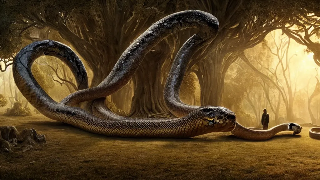 Image similar to a giant snake around the tree of life, high detail, 8k, ornate, dark fantasy, maximalist, realistic, masterpiece, complex, WLOP, film still from the movie directed by Denis Villeneuve, wide angle