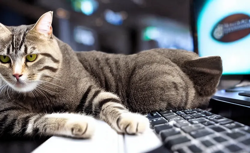 Image similar to a cat using a gaming computer, realistic, dark, rgb