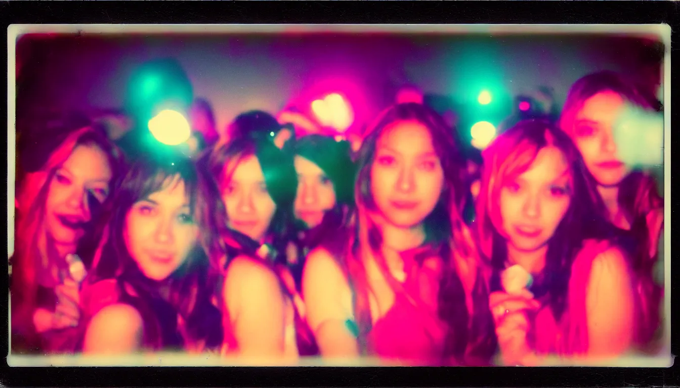 Prompt: colorful instant photograph girls night out in a city at night, polaroid, light leak, raw, nostalgic