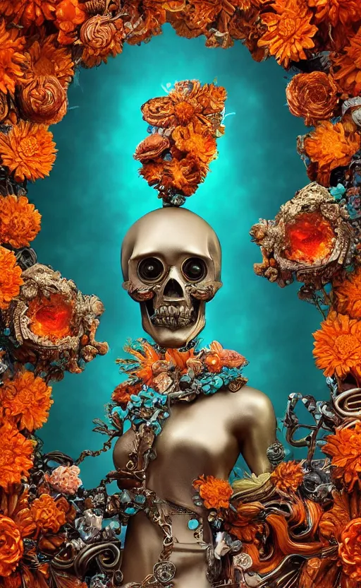 Prompt: a 3d Letter A with a large glowing orange crystal in the center, bronze cyberpunk style statue, mechanical chrysanthemums, flowing aqua silk, fabric, steampunk flowers. baroque elements, human skull. full-length view. baroque element. intricate artwork by caravaggio. many flying horses on background. Trending on artstation, octane render, cinematic lighting from the right, hyper realism, octane render, 8k, depth of field, 3D