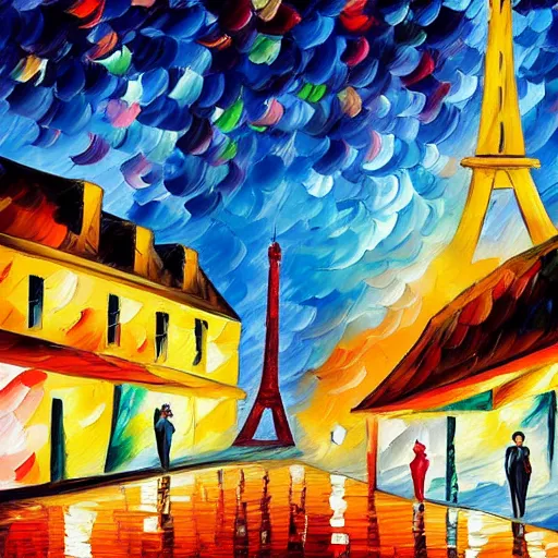 Prompt: knife - painting of a colorful and contrasted scenery, a cat walk on a roof in paris, the moon shine in the sky, the effeil tower is in the background, in the style of leonid afremov