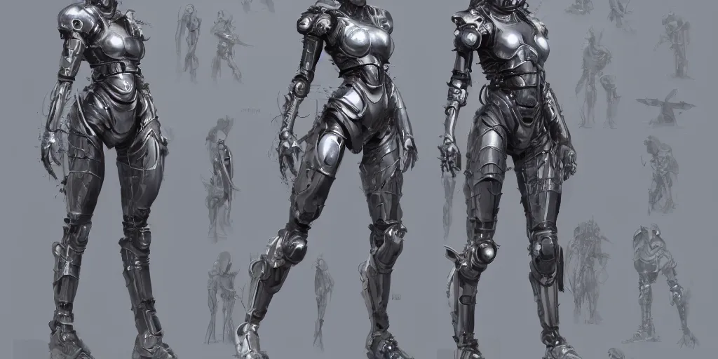 Prompt: realistic futuristic girl cyborg medieval armor metal clean design by apple , character sheet, Greg Rutkowski, Zabrocki, Karlkka, Jayison Devadas, Phuoc Quan, trending on Artstation, 8K, tsutomu nihei, giger , zenith view, pincushion lens effect.