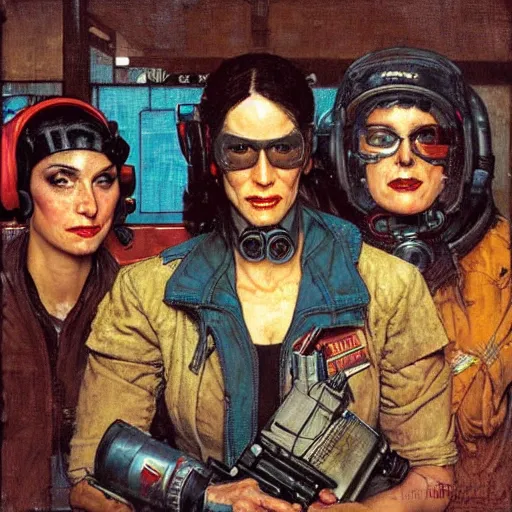 Prompt: portrait of three cyberpunk female outlaws, by norman rockwell