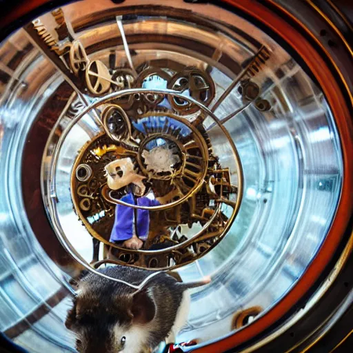 Prompt: a steampunk hamster engineer running inside a hamster wheel that looks like a cog connected to other cogs