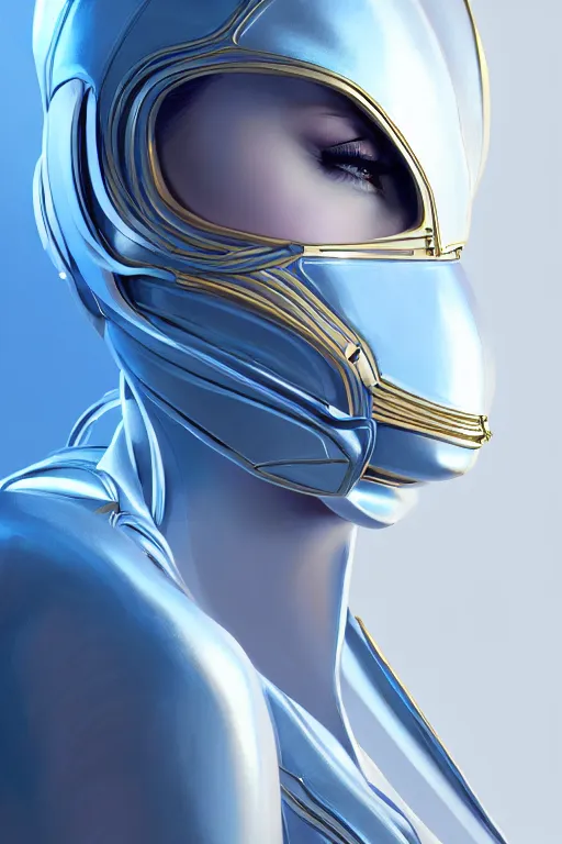 Image similar to detailed portrait glam cyber noun, attractive feminine curves, intricate, scifi, futuristic, elegant cape, elegant, alien room background, white, blue, gold, photorealism, trending on artstation, holy halo, advanced technology, art by moebius and vitaly bulgarov and chanthara