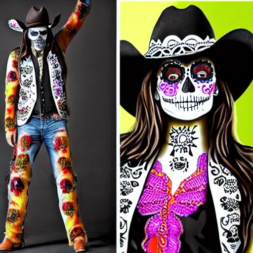 Prompt: in the style Diego Fazio, mila kunis, skull paint, dia de Los muertos, trenchcoat, day of the dead, full body, smiling, cowboy hat