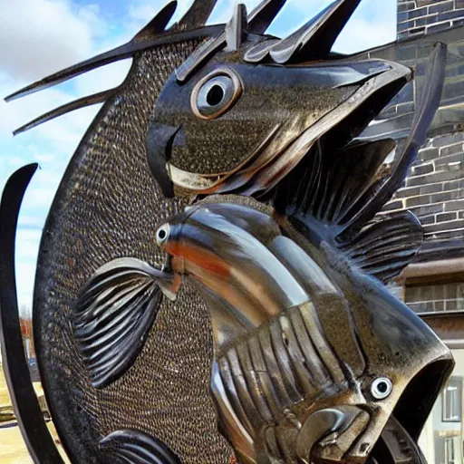 Prompt: award winning iron and steel fishes sculpture by christian funnell