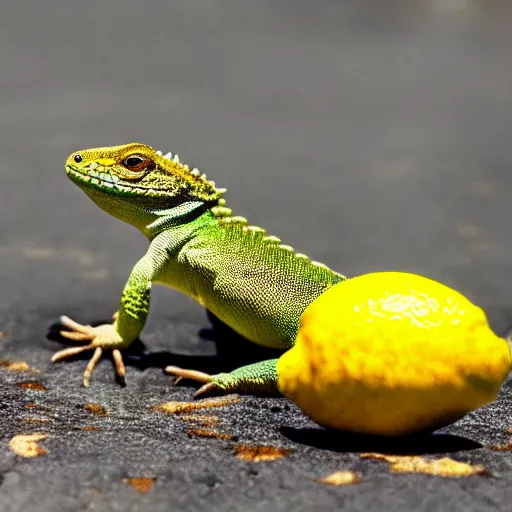 Image similar to a lizard in a battle with a lemon, fighting, cinematic