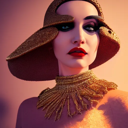 Image similar to innovative avant-garde art, deco fashion, royal theme, highly detailed, photorealistic portrait, golden hour, crisp quality and light reflections, unreal engine 5 quality render