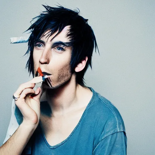 Image similar to a skinny white male singer with medium-length messy blue hair smoking a cigarette