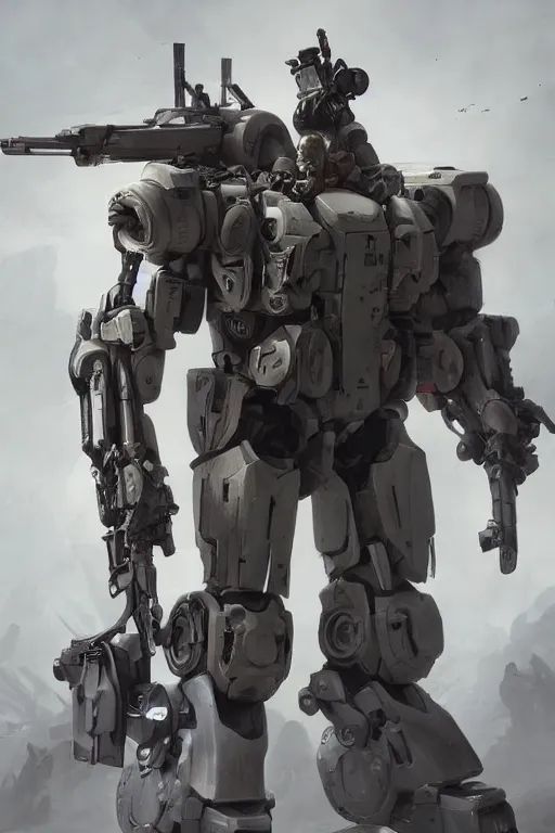 Image similar to a full body shot of a mech soldier holstering his rifle, Artstation, Artstation Trending, Pinterest, Deviant Art, cinematic, concept art, 8k, cgsociety, hyper detailed, ultra realistic, illustration, epic, high resolution, post processing, high quality, unreal engine, digital art, very coherent, octane render, art by Yi Yang artstation + StTheo + Alan Van Ryzin,-W 512