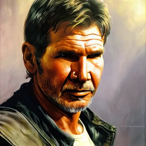 Image similar to ultra realistic portrait painting of harrison ford, art by frank frazetta, 4 k, ultra realistic, highly detailed, epic lighting