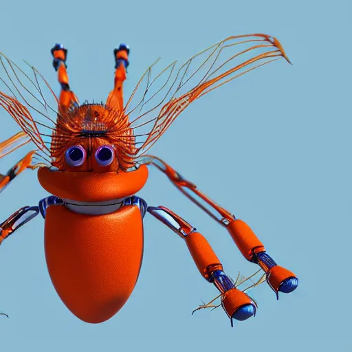 Image similar to 3D render of a robot mosquito with a white background with a orange border and a blue gradient background with two orange circles High detail, octane render