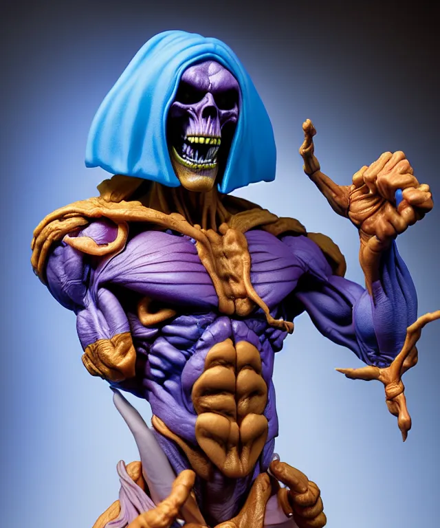 Image similar to hyperrealistic rendering, skeletor, by art of skinner and richard corben and jeff easley, product photography, action figure, sofubi, studio lighting, colored gels