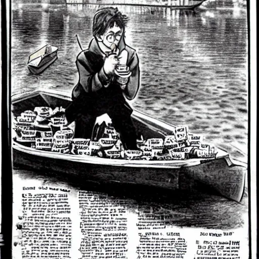 Image similar to Harry Potter eating a plate of nachos in a boat on a river, Early 1900s newspaper, Hyper realistic