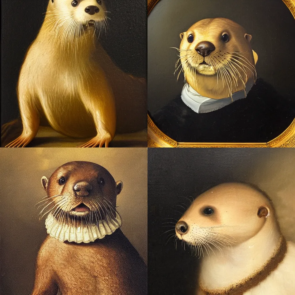 Prompt: a dutch golden age oil painting portrait of an otter wearing a ruff collar, warm lighting, chiaroscuro dramatic lighting