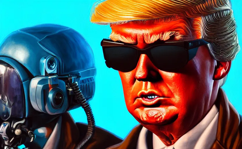 Image similar to closeup painting of donald trump, cyberpunk, wearing light blue shutter shades and a dark brown leather jacket, portrait, hyperdetailed, artstation, cgsociety, 8 k, synthwave by tangerine dream