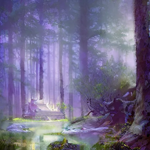 Prompt: mystical realistic poster with shaded lighting by craig mallismo, artgerm, jeremy lipkin and michael garmash, radiant light, detailed and complex environment solace, peaceful mist, beautiful, utopic spiritual city with temples, old growth pine trees, overlaid sacred geometry, with implied lines, gradient of purple and blue