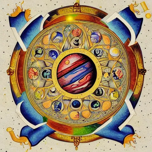 Image similar to a beautiful cosmos of celestial bodies in the style of illuminated manuscript, extremely detailed, trending on artstation