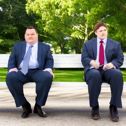 Prompt: two clean - shaven chubby white men in suits and neckties sitting on a park bench. each men are holding manila folders.