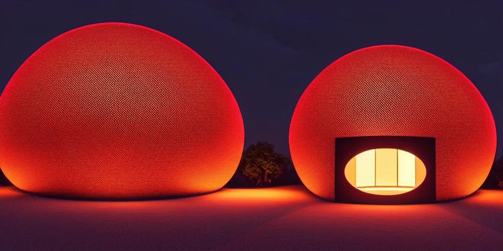 Prompt: A beautiful architectural rendering of a round shaped trypophobia house with a mysterious red glow emitting from inside, by octane render and corona render, stunning, gorgeous, golden ratio, photorealistic, featured on artstation, 4k resolution