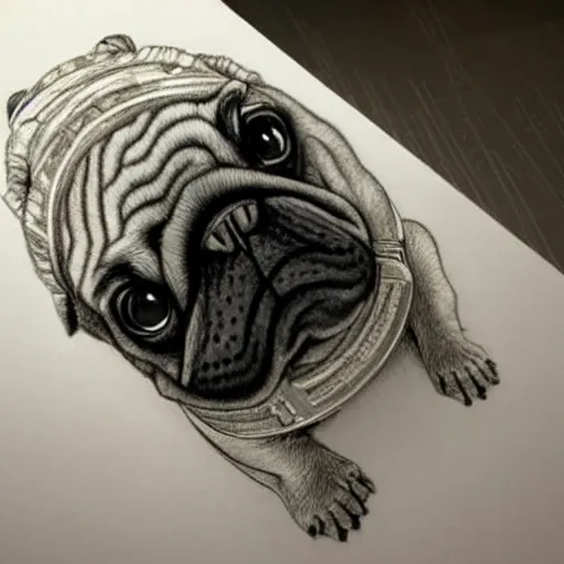 Image similar to pencil art, golden - ratio, spirals, highly detailed, astronaut pug in outer space by davinci.