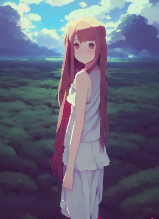 Image similar to portrait of cute girl, cloudy sky background lush landscape illustration concept art anime key visual trending pixiv fanbox by wlop and greg rutkowski and makoto shinkai and studio ghibli