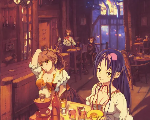 Image similar to anime visual, portrait of a young female in a busy fantasy medieval tavern interior at night, face by yoh yoshinari, murata range, last exile, blue submarine no 6, dynamic pose, dynamic perspective, detailed silhouette, rich texture, seven deadly sins anime, flat, anime cels, matte color, flat lighting on face, rounded eyes