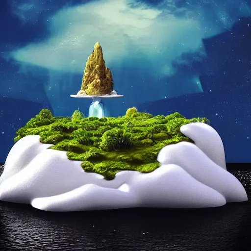 Image similar to “floating island in the space, with a waterfalls, 4k image, award winning”