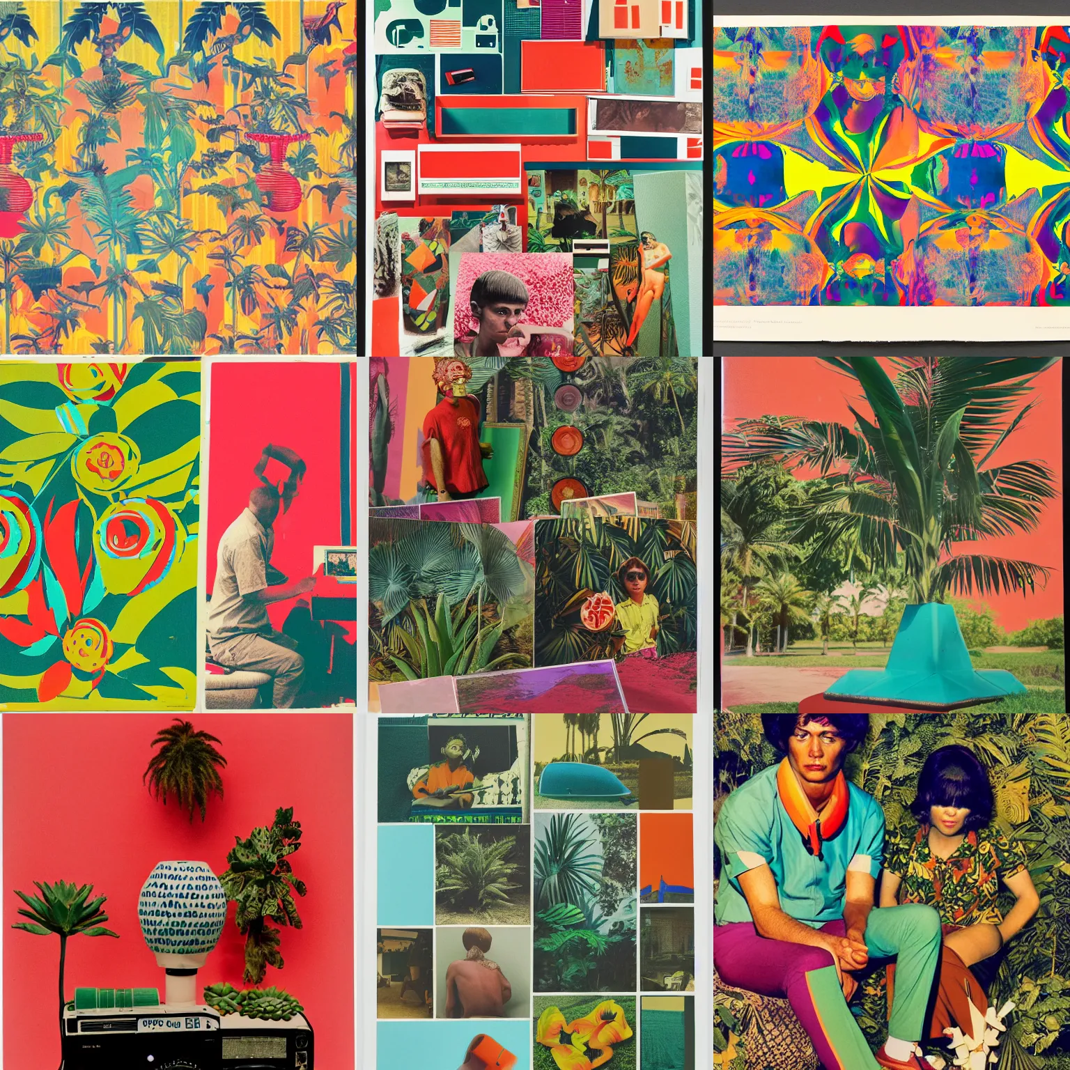 Prompt: A three color offset photography of an hybrid object that combines conceptual ethnographic artifact, with anthropology of wonder, tropicalism, and exotic artifacts, 60s style