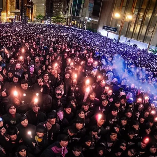 Image similar to 4 k wide angle gigantic army of instagram models surrounding the futuristic chinese tik tok headquarters during a protest with torch lighting at dusk