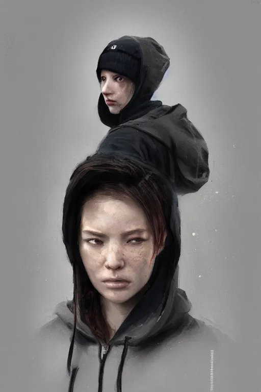 Prompt: A portrait of a women wearing a techwear hoody by Greg Rutkowski, Sung Choi, Mitchell Mohrhauser, Maciej Kuciara, Johnson Ting, Maxim Verehin, Peter Konig, Resident evil , 8k photorealistic, cinematic lighting, HD, high details, dramatic, atmospheric , trending on artstation