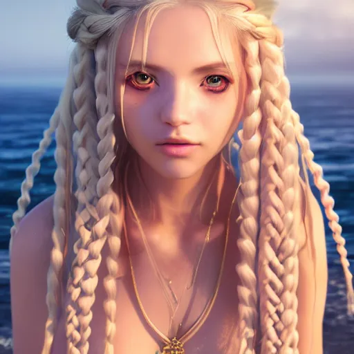 Prompt: a very beautiful anime vampire, full body, long braided curly blonde hair, twisted braids, golden watery eyes, full round face, short smile, pale pink bikini, serene beach setting, cinematic lightning, medium shot, mid-shot, highly detailed, trending on artstation, Unreal Engine 4k, cinematic wallpaper by Stanley Artgerm Lau, WLOP, Rossdraws, James Jean, Andrei Riabovitchev, Marc Simonetti, and Sakimichan