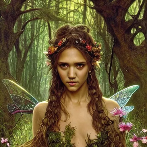 Image similar to head and shoulders portrait of a flowering fey fairy warlock portrayed by young jessica alba, in a magical forest, d & d, fantasy, luis royo, magali villeneuve, donato giancola, wlop, krenz cushart, hans zatka, klimt, alphonse mucha