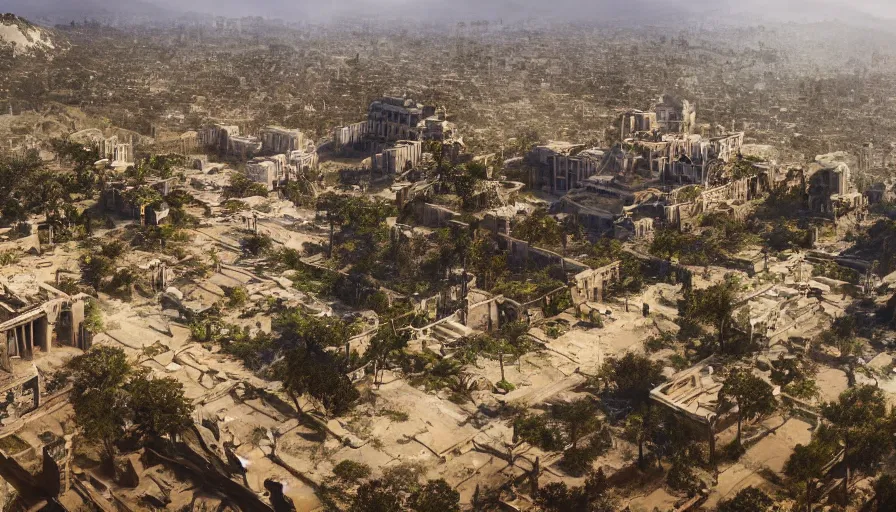 Prompt: Cinematic view of Los Angeles ruins abandoned for centuries and covered by vegetations, destroyed Santa Monica, sunny day, hyperdetailed, artstation, cgsociety, 8k