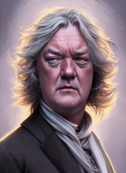 Image similar to portrait of james may, d & d, muscular, long grey hair, fantasy, intricate, elegant, highly detailed, digital painting, artstation, concept art, smooth, sharp focus, illustration, art by artgerm and greg rutkowski and alphonse mucha