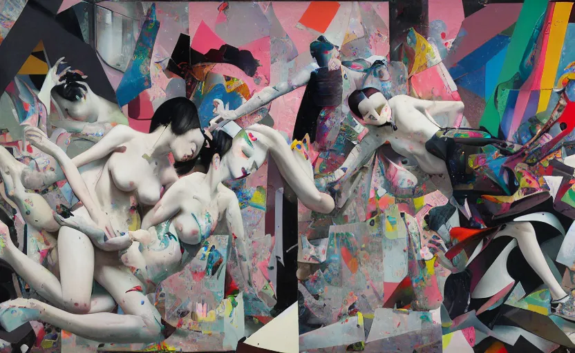 Image similar to decollage painting of a balenciaga campaign struggling in a ruined city by adrian ghenie and takato yamamoto and edward hopper and mark ryden and tsutomu nihei, part by bridget riley, acrylic pour and splashing paint, very coherent, baroque elements, perfect anatomy, intricate design. pop art.