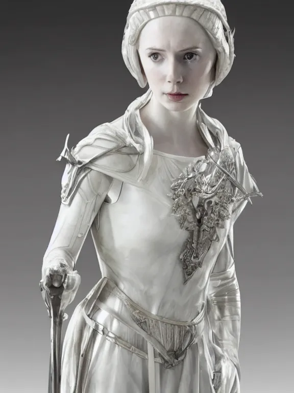 Image similar to a dramatically lit art nouveau white marble and silver portrait sculpture of a very young karen gillan as joan of arc, delicate, intricate, smooth, beautiful, glowing, by charles van der stappen