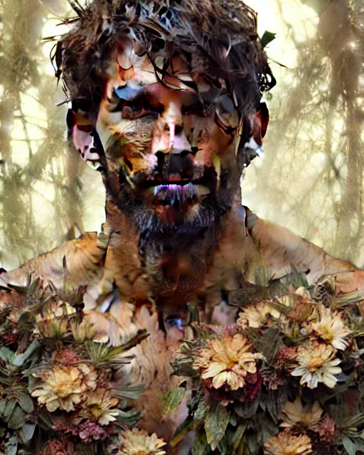 Prompt: god of the forest, 3 0 years old, rugged, male, gorgeous, detailed face, flowers, amazing, muscular, intricate, highly detailed, digital painting, artstation, concept art, sharp focus, illustration, art by greg rutkowski and alphonse mucha