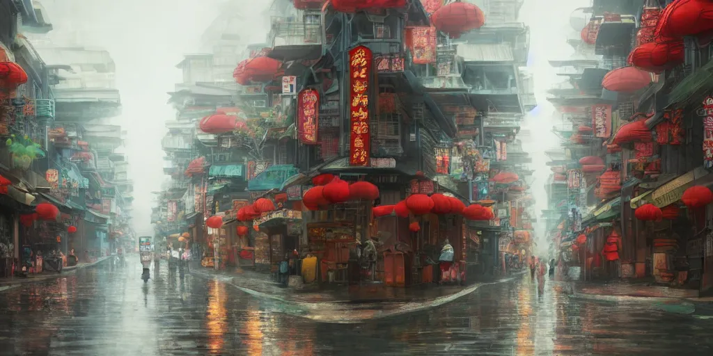 Image similar to a quiet petaling street in chinatown, kuala lumpur, rainy day, matte painting, studio ghibli, artstation