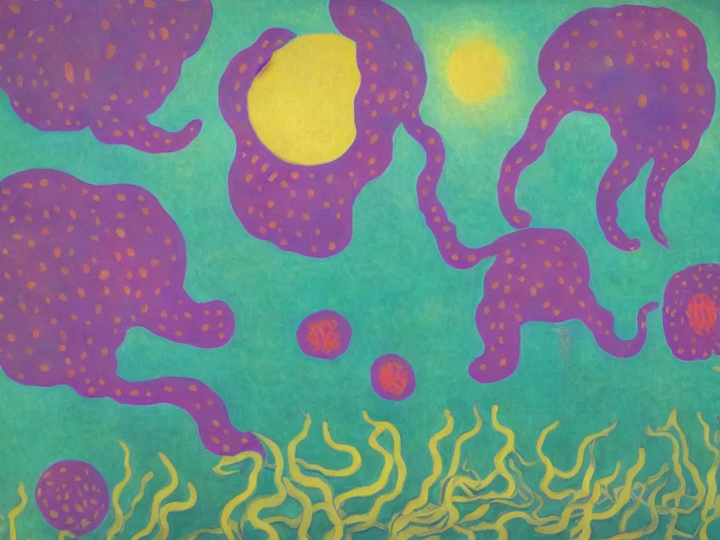 Prompt: jellyfish octopus, grow in the ground, elegant, vigorous, sunset, ocean land, nebula moon, sharp focus, by henri matisse