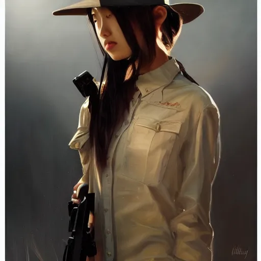 Prompt: oil painting by ilya kuvshinov,, chad knight, artgerm craig mullins, coby whitmore, of a youthful japanese girl, long hair, hunter's outfit, hunter's hat,, holding a rifle highly detailed, breathtaking face, studio photography, noon, intense bounced light, water reflection, large tree casting shadow, serine intense sunlight